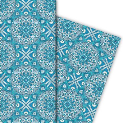 Designer ethno Geschenkpapier mit Boho Blüten in hellblau - G7185, 32 x 48cm