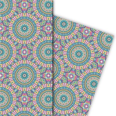 Designer ethno Geschenkpapier mit Boho Blüten in rosa türkis - G7183, 32 x 48cm