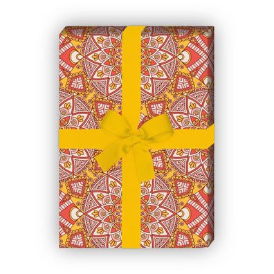 Designer ethno Geschenkpapier mit Boho Blüten in rot gelb - G7186, 32 x 48cm