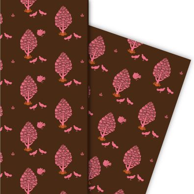 Designer Geschenkpapier Bäumen und Tauben, rosa braun - G7286, 32 x 48cm