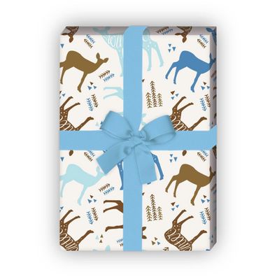 Designer Winter Geschenkpapier, blau braun, mit hübschen Rehen - G12315, 32 x 48cm