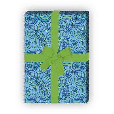 Doodle Wellen Geschenkpapier im Stil der 70er, blau - G8103, 32 x 48cm