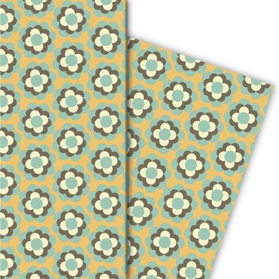 Edles 70er Jahre Geschenkpapier mit Retro Blüten Muster in beige hellblau - G7226, 32