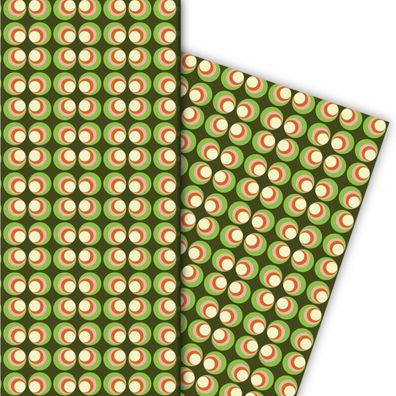 Edles 70er Jahre Geschenkpapier mit Retro Kreis Muster in grün - G7237, 32 x 48cm