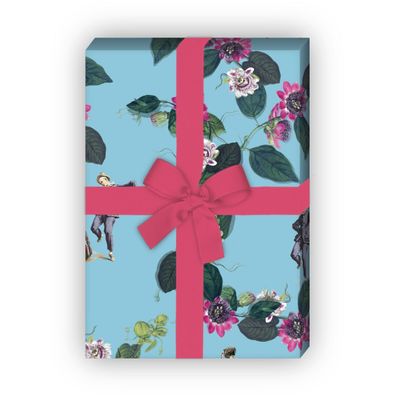 Edles Blüten Geschenkpapier mit Comedia del Arte Figuren, hellblau - G7275, 32 x 48cm