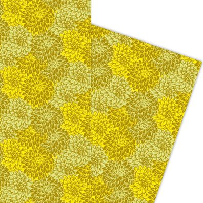 Edles Dahlien Geschenkpapier mit Blüten in gelb grün - G5907, 32 x 48cm