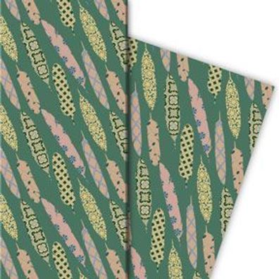 Edles Designer Geschenkpapier mit gemusterten Federn, grün - G10112, 32 x 48cm