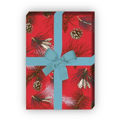 Edles Designer Winter Geschenkpapier mit Kiefer und Lerchen Zapfen, rot - G8680, 32 x