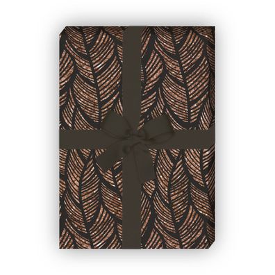 Edles Feder Geschenkpapier in Wellen Streifen, bronze schwarz - G12287, 32 x 48cm