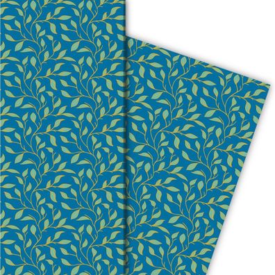 Edles florales Geschenkpapier mit zartem Blatt Muster, blau - G8265, 32 x 48cm