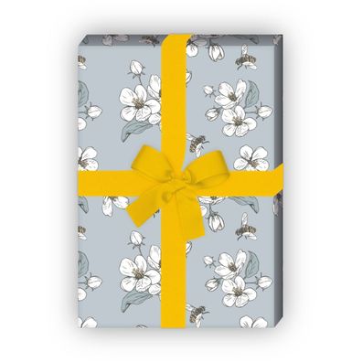 Edles Frühlings Geschenkpapier mit Bienen und Apfelblüten, grau - G11837, 32 x 48cm