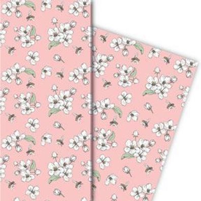 Edles Frühlings Geschenkpapier mit Bienen und Apfelblüten, rosa - G11839, 32 x 48cm