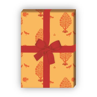 Edles Geschenkpapier Bäumen und Tauben, orange gelb - G7285, 32 x 48cm