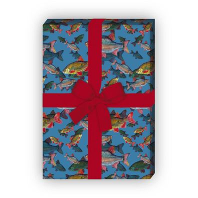 Edles Geschenkpapier mit Fischen unter Wasser auf blau - G7546, 32 x 48cm
