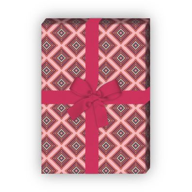 Edles Geschenkpapier Set, Dekorpapier mit ethno Pixel Rauten Muster, rosa - G8807, 32