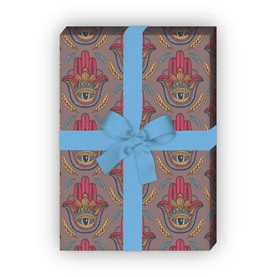Edles Geschenkpapier Set, Dekorpapier mit indischem Hand Auge Motiv, braun, - G8814,