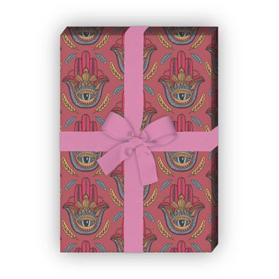 Edles Geschenkpapier Set, Dekorpapier mit indischem Hand Auge Motiv, rosa - G8815, 32