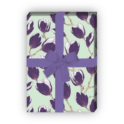 Edles Magnolien Geschenkpapier mit wunderschönen Blüten, lila auf grün - G10211, 32 x
