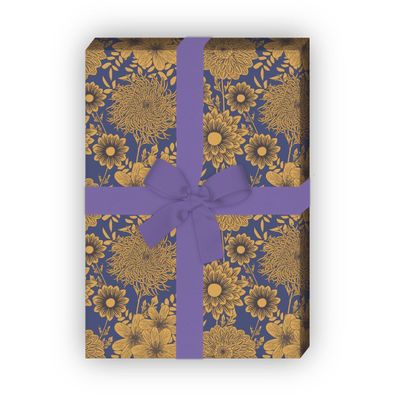 Edles Retro Blumen Geschenkpapier mit Dahlien, blau beige - G10088, 32 x 48cm