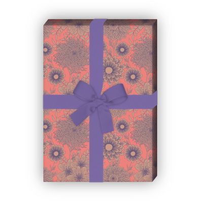 Edles Retro Blumen Geschenkpapier mit Dahlien, rosa - G10089, 32 x 48cm