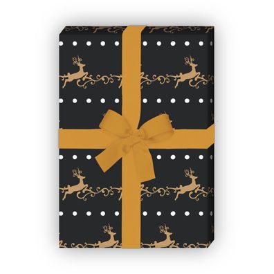 Edles Streifen Weihnachtspapier mit springenden Hirschen, grau schwarz - G9872, 32 x
