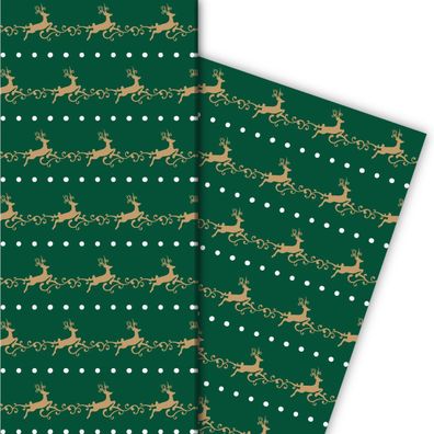 Edles Streifen Weihnachtspapier mit springenden Hirschen, grün, 32 x 48cm - G9871, 32