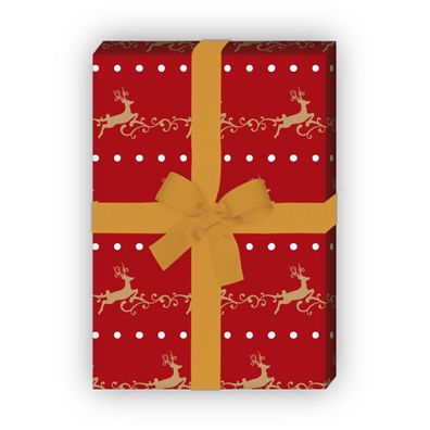 Edles Streifen Weihnachtspapier mit springenden Hirschen, rot, 32 x 48cm - G9870, 32
