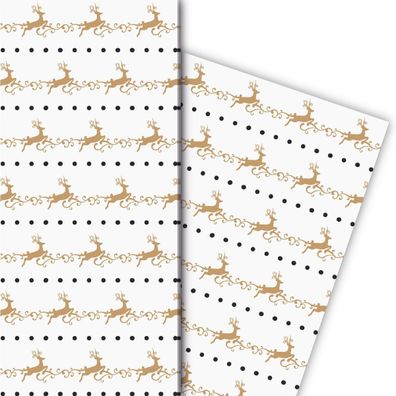 Edles Streifen Weihnachtspapier mit springenden Hirschen, weiß, 32 x 48cm - G9873, 32