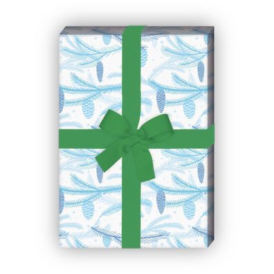 Edles Weihnachts Geschenkpapier mit Winter Tannen grün und Zapfen, blau - G8578, 32