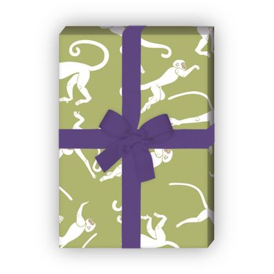 Edles, grafisches Geschenkpapier Set mit kletternden Affen, grün oliv - G12283, 32 x