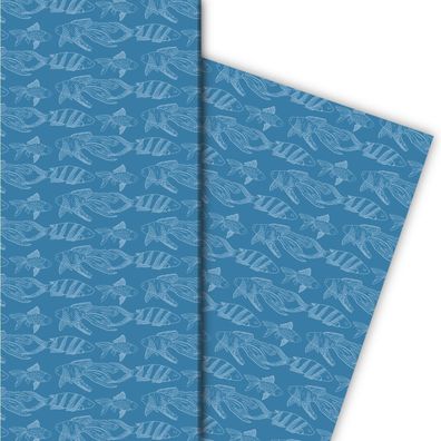 Elegantes Geschenkpapier mit gezeichneten Fischen, weiß auf blau - G7554, 32 x 48cm