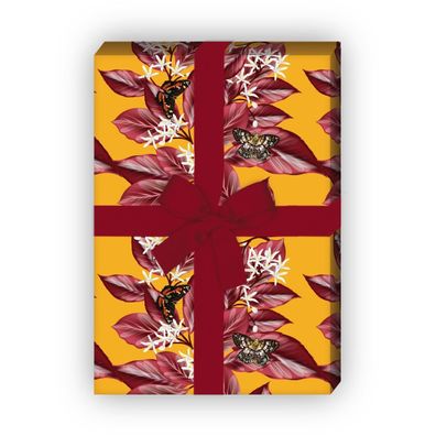 Elegantes Geschenkpapier mit Pflanzen Streifen und Schetterlingen, gelb - G8245, 32 x