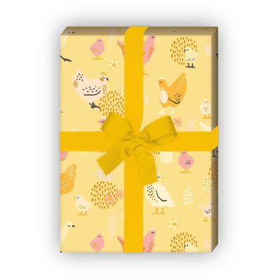 Lustiges Hühner Geschenkpapier mit Küken und Eiern, gelb - G11638, 32 x 48cm