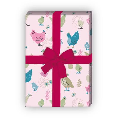 Lustiges Hühner Geschenkpapier mit Küken und Eiern, rosa - G11636, 32 x 48cm