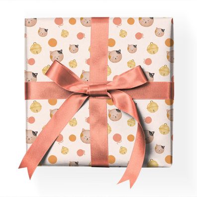 Lustiges Katzen Geschenkpapier mit Wolle, Glöckchen, rosa - G23051, 32 x 48cm