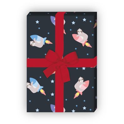 Lustiges Kinder Geschenkpapier mit Faultier auf Raketen - G12345, 32 x 48cm
