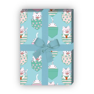 Lustiges Kinder Geschenkpapier, hellblau türkis, mit kleinen Katzen - G12317, 32 x 48