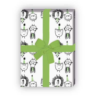 Lustiges Party Animal Geschenkpapier mit wilden Doodle Tieren, grün - G11905, 32 x 48