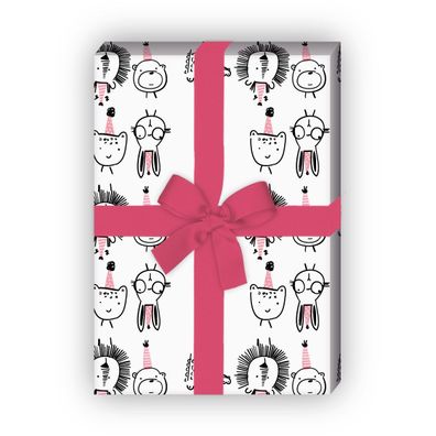 Lustiges Party Animal Geschenkpapier mit wilden Doodle Tieren, rosa - G11907, 32 x 48