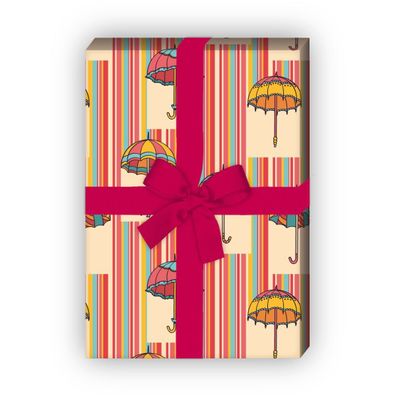 Lustiges Regen Streifen Geschenkpapier mit fliegenden Regenschirmen, gelb - G10142