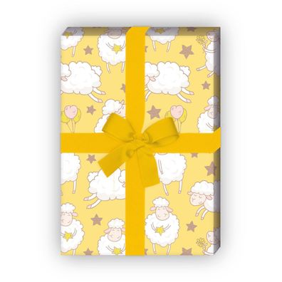 Lustiges Schäfchen Geschenkpapier mit Sternen, Dekorpapier, gelb - G11881, 32 x 48cm