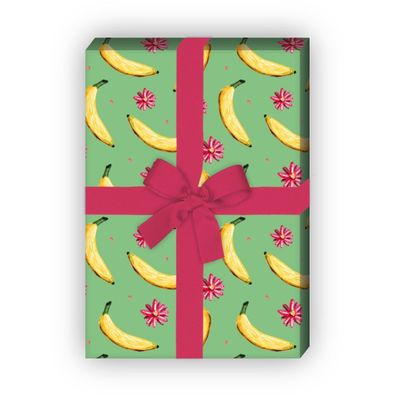 Lustiges Sommer Geschenkpapier mit Bananen und Blüten, grün - G8281, 32 x 48cm