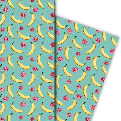 Lustiges Sommer Geschenkpapier mit Bananen und Blüten, hellblau - G8282, 32 x 48cm