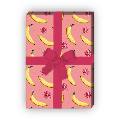 Lustiges Sommer Geschenkpapier mit Bananen und Blüten, rosa - G8283, 32 x 48cm