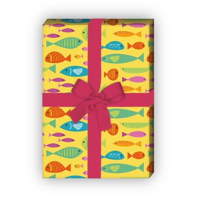 Lustiges Sommer Geschenkpapier mit Fischen auf gelb - G7508, 32 x 48cm