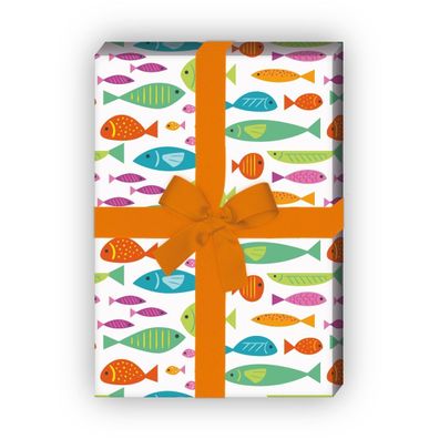 Lustiges Sommer Geschenkpapier mit Fischen auf weiß - G7511, 32 x 48cm