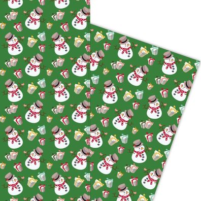 Lustiges Weihnachts Geschenkpapier mit Schneemännern und Geschenken, grün - G5975