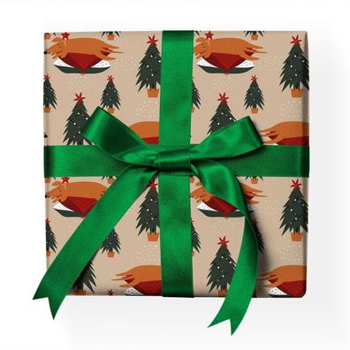 Lustiges Weihnachts Geschenkpapier mit Weihnachtsbaum und schlafendem Hunde - G22154,