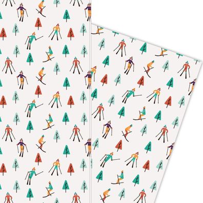 Lustiges Winter Geschenkpapier mit Skifahrern großes Muster - G5917, 32 x 48cm