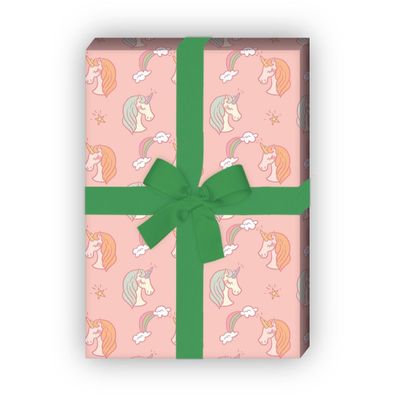 Mädchen Geschenkpapier mit Einhörnern und Regenbogen auf rosa - G7593, 32 x 48cm
